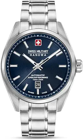 Swiss Military Hanowa watch with blue dial and silver metal strap on a white background